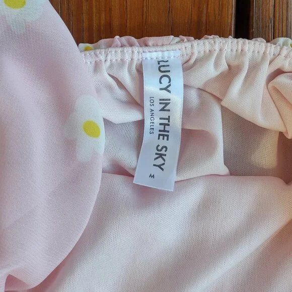 Lucy in the Sky Pink Ruffled Babydoll Dress Floral Daisy Puff Sleeves Sz Medium - Picture 10 of 11
